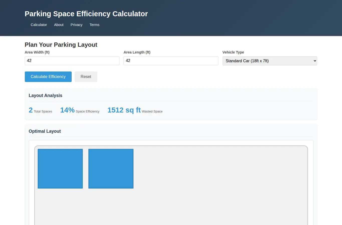 Screenshot of Parking Space Efficiency Calculator interface showing the project page in use